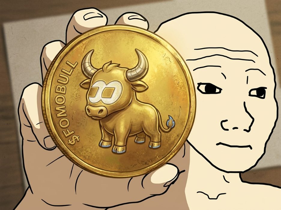 Wojak holding a golden $fomobull coin