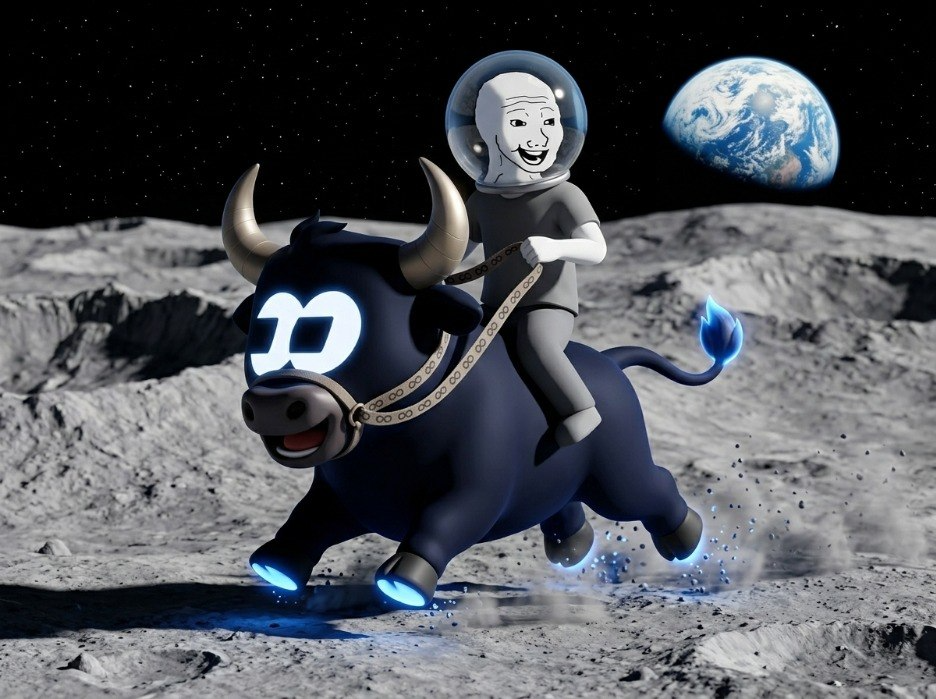 Wojak riding The Fomo Bull on the moon