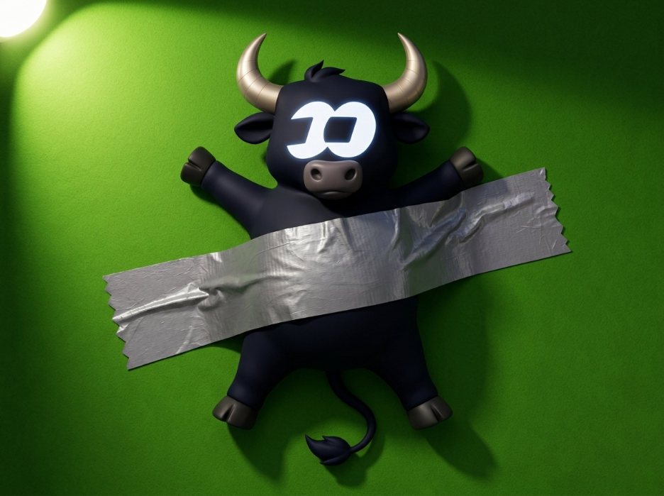The Fomo Bull taped to a green wall
